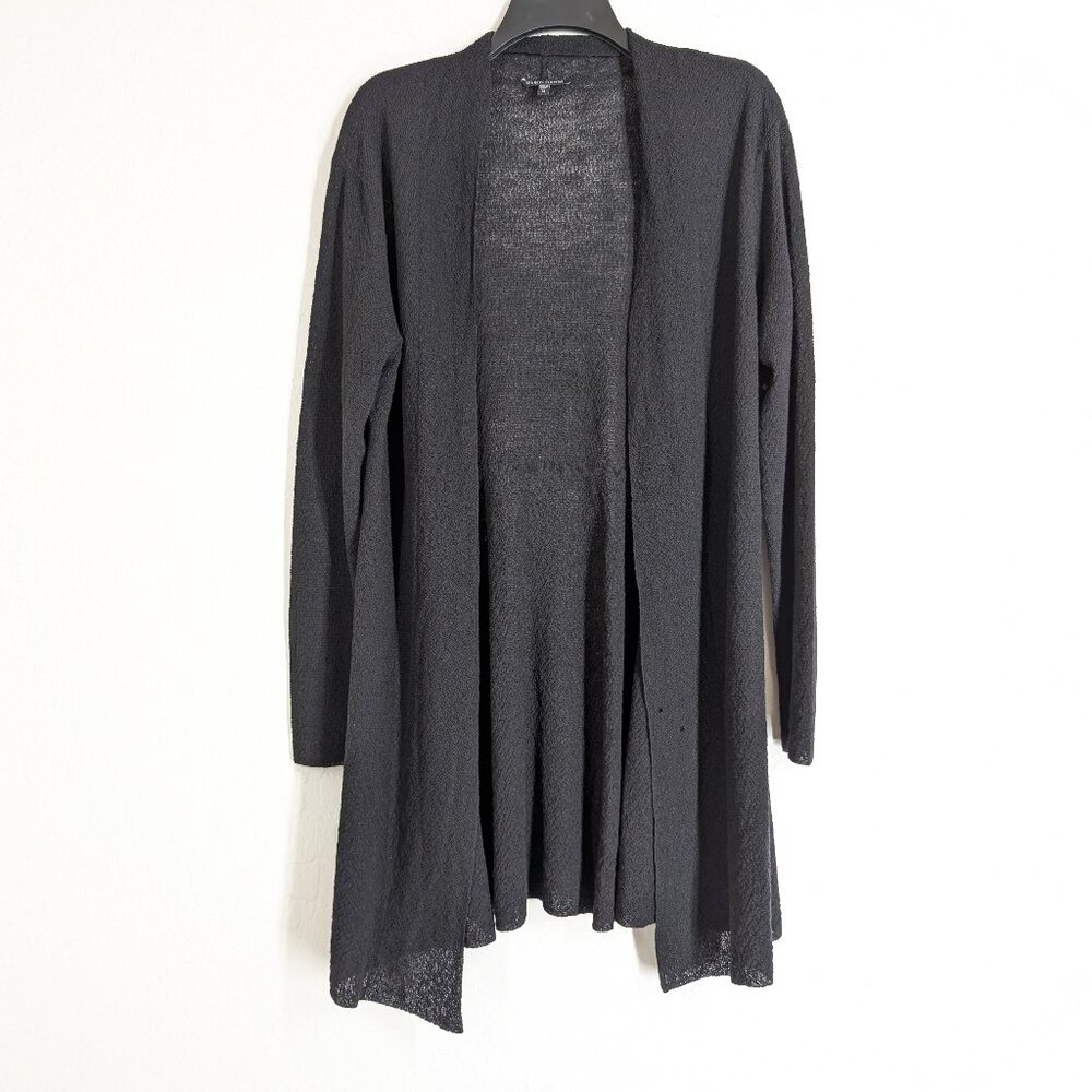 EILEEN FISHER Cardigan Womens M Black Wool Open Witchy Knit Long Sleeve FLAWS